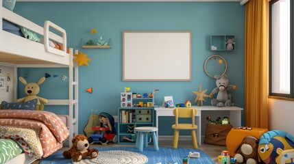 A child's bedroom with a playful bunk bed, colorful bedding, and a blank poster mockup above a desk filled with toys and books