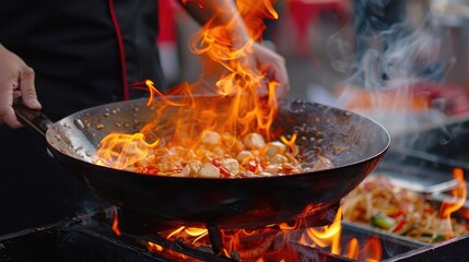 Close-Up of Street Food Cooking in Wok Over Open Flames