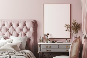 Elegant Feminine Bedroom with Tufted Headboard, Vanity Table, and Blank Poster Mockup for Beauty Product Ads