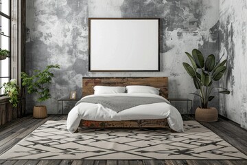 Modern Industrial Bedroom with Platform Bed, Geometric Rug, and Blank Poster Mockup on Textured Concrete Wall