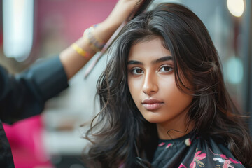 Fototapeta premium a beautiful young fair model woman in the hairdresser salon gets a new haircut