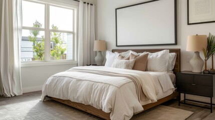 Serene Minimalist Bedroom with King-Size Bed and Blank Poster Mockup in Soft Natural Light