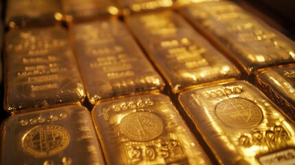 close-up view of a series of gold bars stacked neatly, with engraved symbols of different global currencies, representing secure investments