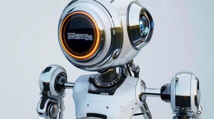 concept image of a digital financial advisor robot, portrayed as a sleek, minimalist metallic structure with a glowing interface