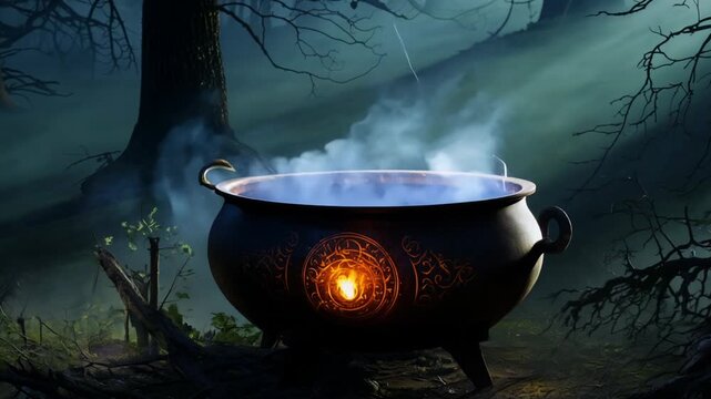 Halloween Witch Cauldron in Spooky Dark Forest with Glowing Potion Sparks