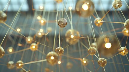 Obraz premium conceptual art installation representing a budget as a network of suspended golden threads connecting various financial points