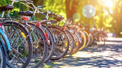 Parked Bicycles in a Row on City Sidewalk