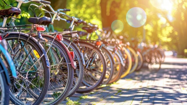 Parked Bicycles in a Row on City Sidewalk