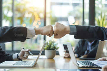 Team of diverse different gender business colleagues performing a fist bump in an office setting. Unity, teamwork, successful partnership and collaboration concept