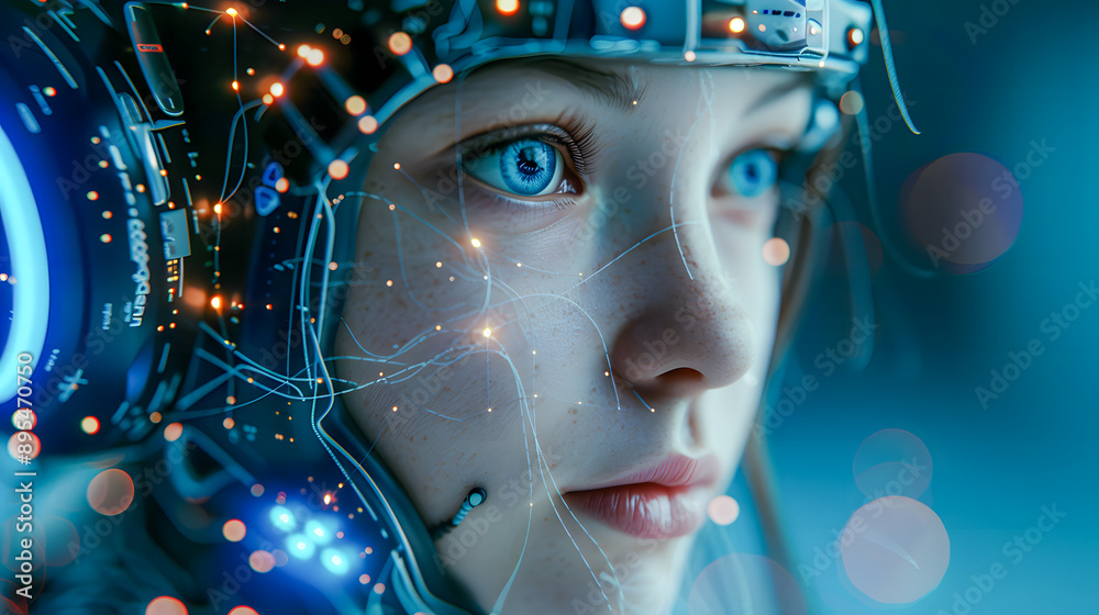 Poster artificial intelligence, a humanoid cyber girl with a neural network thinks. artificial intelligence