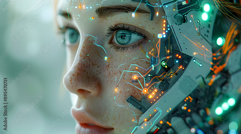 Poster artificial intelligence, a humanoid cyber girl with a neural network thinks. artificial intelligence