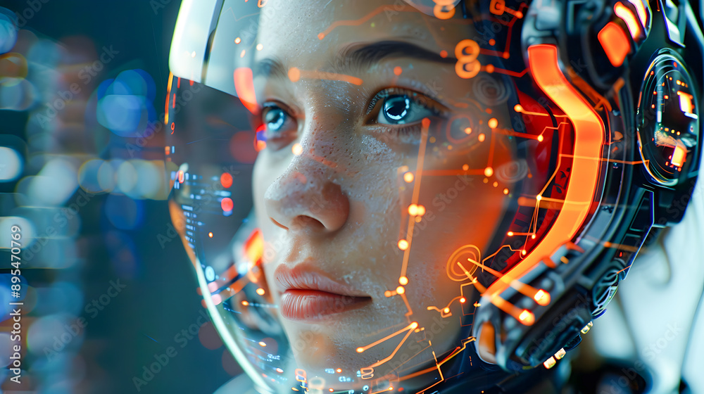 Poster artificial intelligence, a humanoid cyber girl with a neural network thinks. artificial intelligence
