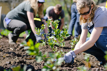 Fototapeta premium Group of volunteers planting trees in a community garden, demonstrating acts of environmental care and community involvement