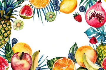 Artistic watercolor frame of assorted tropical fruits with an open center for adding text