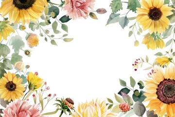 Obraz premium Vibrant watercolor illustration of a botanical frame with sunflowers and peonies in rich shades framed by cascading foliage