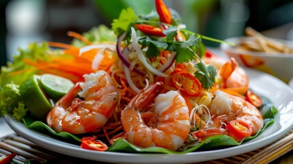 The national cuisine of Thailand. Thai salad with noodles and shrimp. 