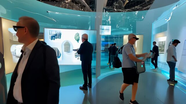 Curved gallery space bathed in blue light. Visitors explore interactive displays and artworks. Sleek design merges technology with cultural artifacts, creating an immersive learning environment.	