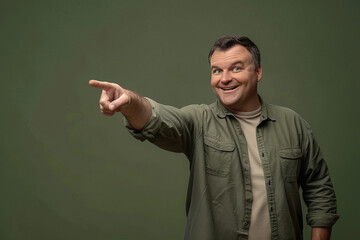 A happy american-white man wearing an olive green shirt and beige tshirt pointing at something in the distance, green background