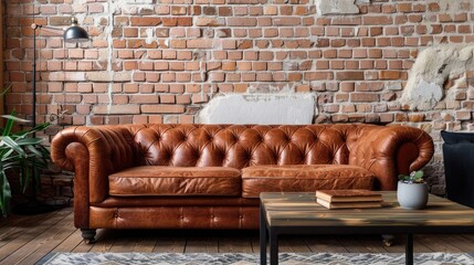 Mockup of loft interior: leather sofa, brick wall, wooden table, copy space background, horizontal format