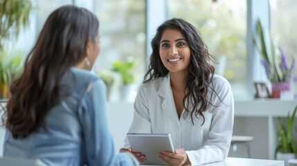 Obraz premium a massage consultation,indian patient is sitting across the table with her face smiling, holding tablets in her hands.