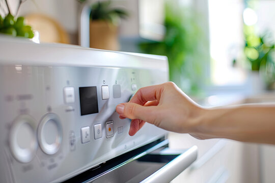 Woman choosing eco mode on dishwasher digital panel. Eco cycle, energy saving concept