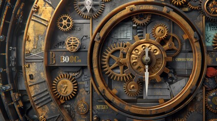 Obraz premium conceptual art piece depicting a budget as a large, intricate clockwork, with each cog and wheel meticulously labeled with budget terms