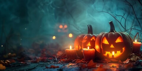 Naklejka premium Carved pumpkins with lit candles sit on a dark, foggy forest floor