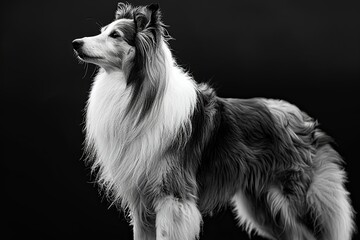 A Majestic Collie With Thick Fur Stands Against a Black Background. Generative AI