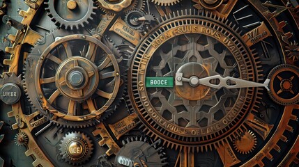 Obraz premium conceptual art piece depicting a budget as a large, intricate clockwork, with each cog and wheel meticulously labeled with budget terms