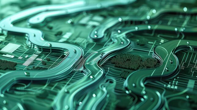 conceptual art piece representing a budget as a series of digital rivers, each flowing into a larger financial ocean, symbolizing the convergence of various revenue streams