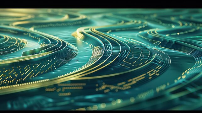 conceptual art piece representing a budget as a series of digital rivers, each flowing into a larger financial ocean, symbolizing the convergence of various revenue streams