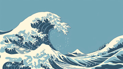 A beautiful hand-drawn wave in a vintage Japanese style on a blue background.