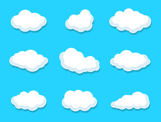 Obraz premium Set of clouds, collection of nine vector sky clouds in white color on blue background. Cloud. Abstract white cloudy set isolated on blue background. Clouds vector set. Vector illustration.