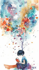 Fototapeta premium A watercolor illustration depicting a young girl immersed in a book, with a vibrant, abstract tree growing from her head, symbolizing the power of imagination, knowledge, growth, and the transformativ