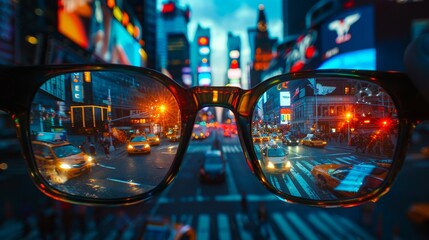Surrealist editing photography, Times Square at sunset. Featuring Fuji Eterna 250t film aesthetics, strong contrast, extremely detailed glass reflections, and perfect window views.