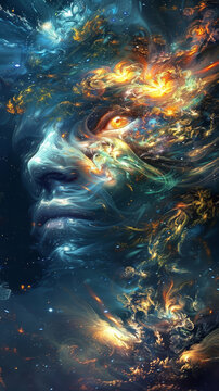 This digital artwork depicts a face formed from swirling nebulae, symbolizing the cosmic nature of the universe, the interconnectedness of all things, the beauty of the cosmos, and the mystery of exis