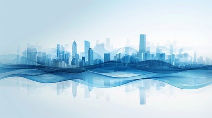 Obraz premium Light blue and white urban skyline. The urban scenery in a clean background reflects progress and creativity. The graphic design style showcases business concepts and new technological trends.