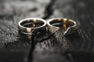 Separated broken wedding and engagement rings. Couple divorce