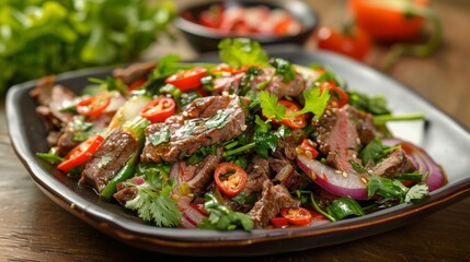 The national cuisine of Thailand. Light Thai salad with beef. 
