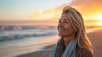 Mature Woman Breathing Ocean Air on Beach at Sunset, Smiling and Happy