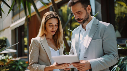 A real estate agent demonstrating property listings on a tablet to a customer, showcasing digital real estate marketing techniques.