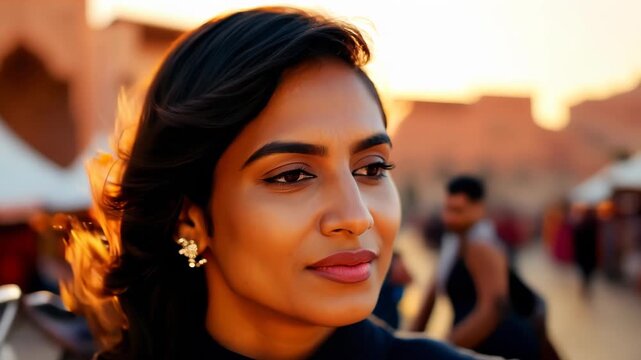 Close-up: Woman smiles warmly in golden hour light. Camera slowly pulls back, revealing her face against Marrakech's vibrant sunset-lit streets bustling with life and color.	