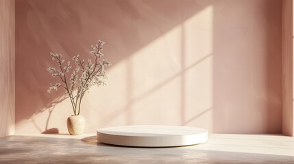 Luxurious beige podium in a minimalistic studio, featuring a pastel brown wall and silky textures for product display