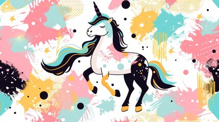 A simple psychedelic vector illustration featuring a unicorn in the center of the composition surrounded by abstract shapes in iridescent pink, turquoise, and gold colors on white background