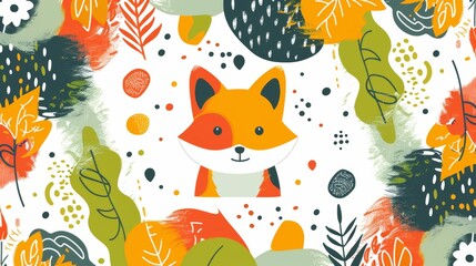 Autumn Fox: A playful fox peeks out from a vibrant, hand-painted autumnal forest, surrounded by leaves, branches, and whimsical shapes. This colorful pattern evokes the warmth and beauty of the season
