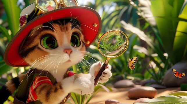 Adorable 3D Ragdoll Cat Exploring With Magnifying Glass in Jungle