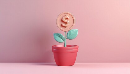 A whimsical representation of growth with a dollar sign in a vibrant pink pot, symbolizing financial prosperity and investment.