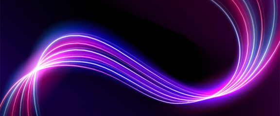 Abstract pink neon light wave with glow effect. Blue and purple color curve flow with blur. 3d wavy stripe pulse with dynamic blend elements. Futuristic bright magic laser vortex vector background