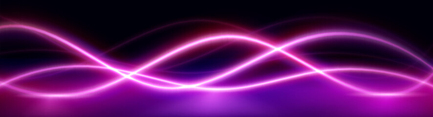 Fototapeta premium Pink neon light wave line abstract background. Dynamic curve swirl flow for music rhythm bg. 3d futuristic horizontal pulse vortex. Audio voice wavy pattern with laser elements creative design