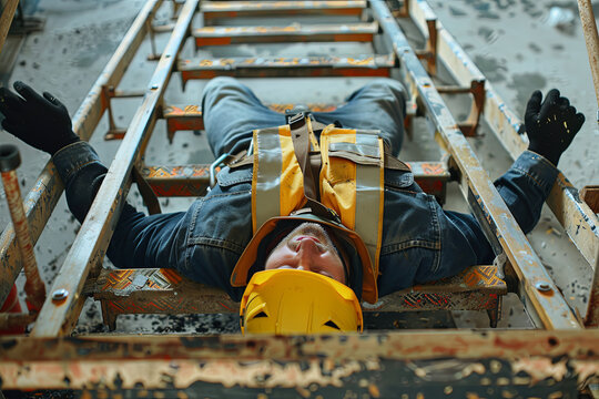 Accident and injury on construction site. Safety first concept. Worker unconscious after falling from ladder
